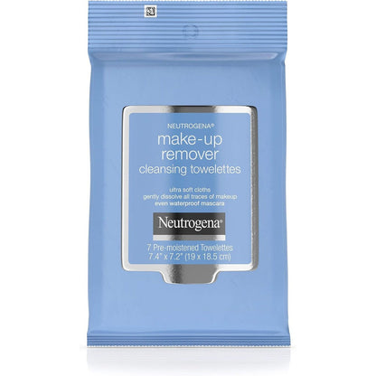 Neutrogena Makeup Remover Cleansing Towelettes 7 Count front packaging view showing travel pack design.