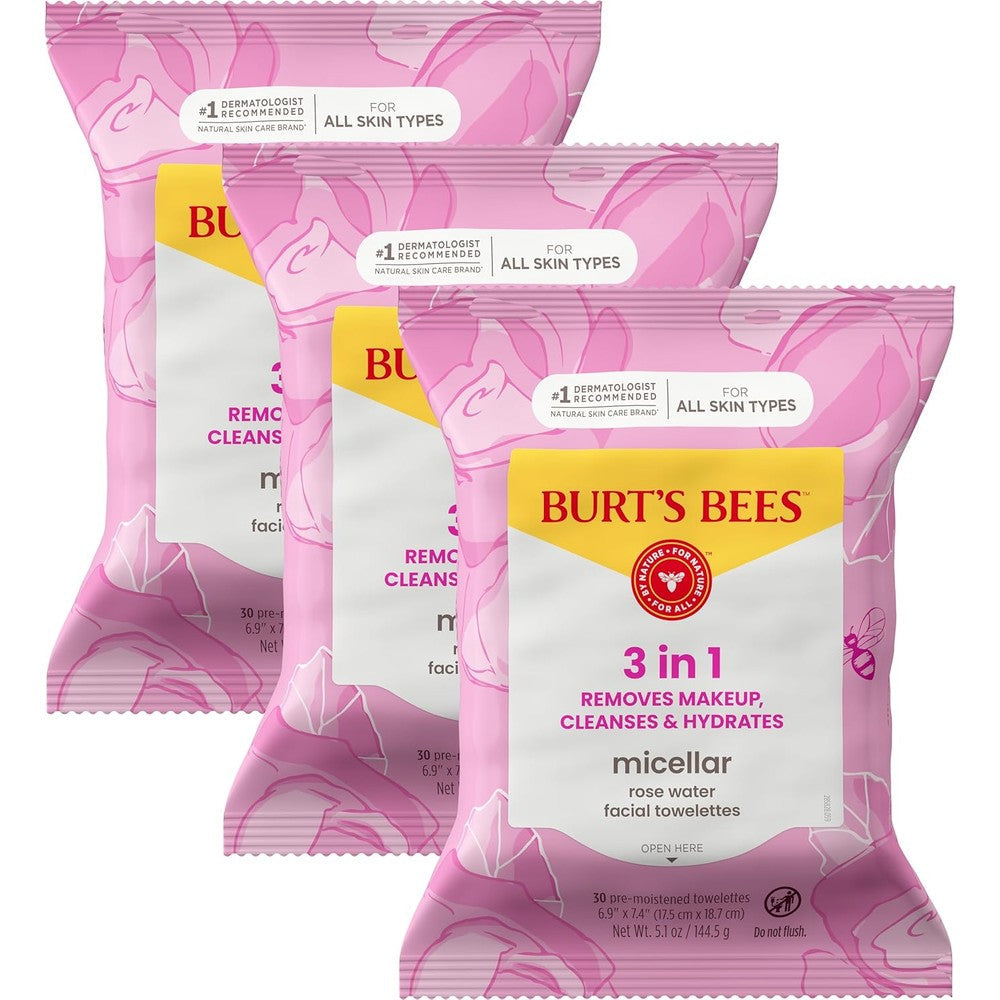 Burt's Bees Micellar Rose Water Facial Towelettes pack of three front view for gentle makeup removal