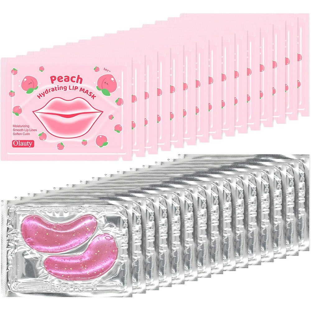 Eakroo lip and eye mask set front view showing pink collagen under eye patches and peach lip masks