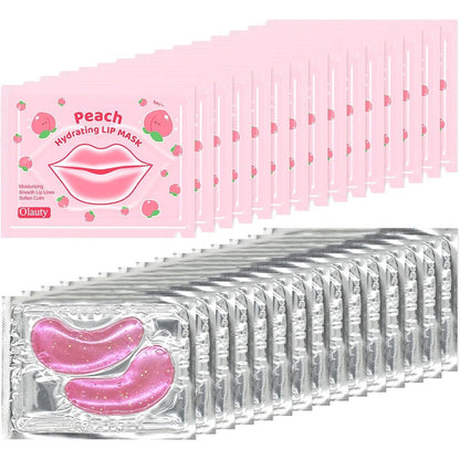 Eakroo lip and eye mask set front view showing pink collagen under eye patches and peach lip masks