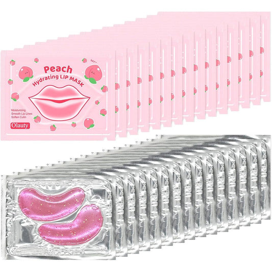 Eakroo lip and eye mask set front view showing pink collagen under eye patches and peach lip masks