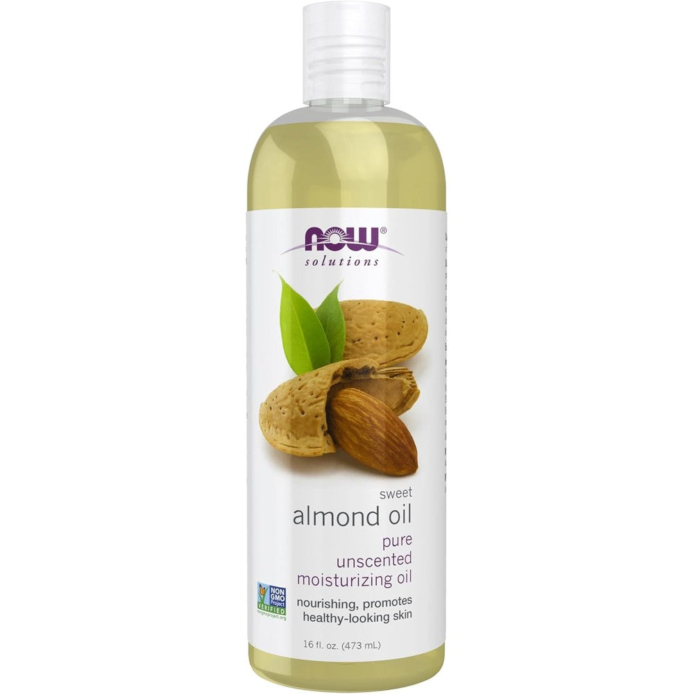Now Foods Solutions Sweet Almond Oil 16 Ounce front view bottle showcasing pure moisturizing oil packaging