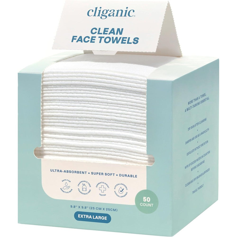 Cliganic Clean Face Towels XL pack of 50 disposable dry wipes for hygienic skin care