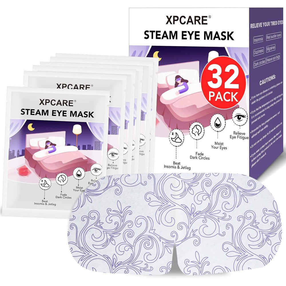 XPCARE Steam Eye Masks front view of the packaging showcasing the 32 count unscented product for dry eye relief.