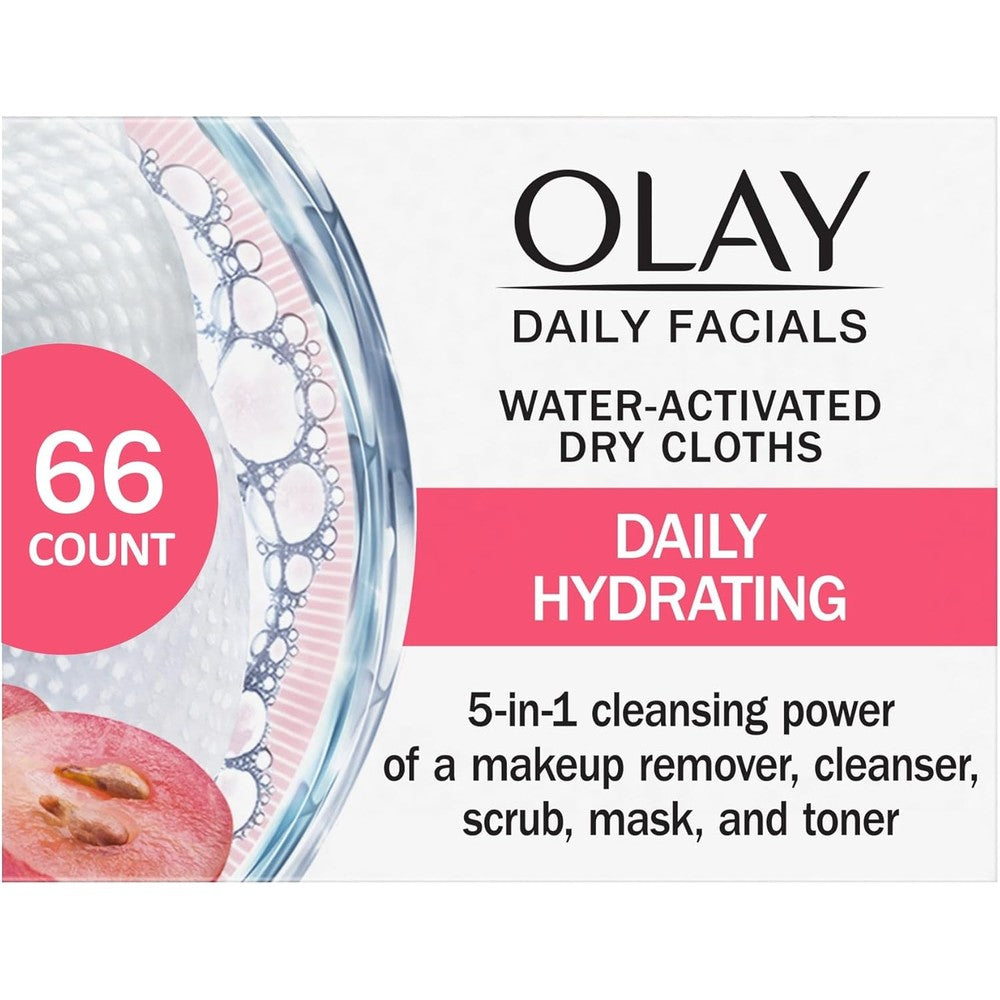 Olay Daily Facials Hydrating Cleansing Cloths front view 66 count box