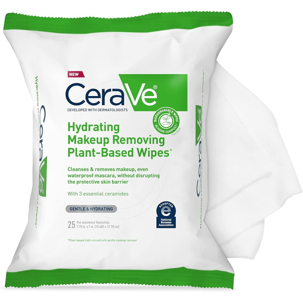 CeraVe Hydrating Makeup Remover Wipes front packaging view showcasing 25 count plant based face wipes