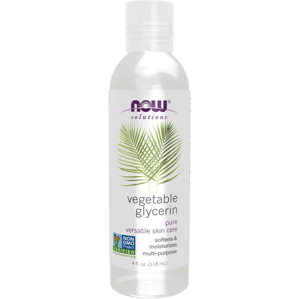 NOW Solutions Vegetable Glycerin 4 Ounce front bottle view showing pure skincare humectant