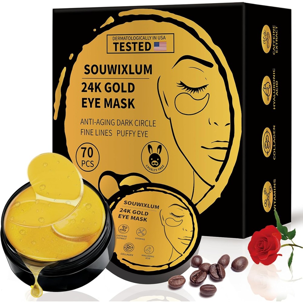 Souwixlum 24K Gold Under Eye Patches front view showing packaging box and jar