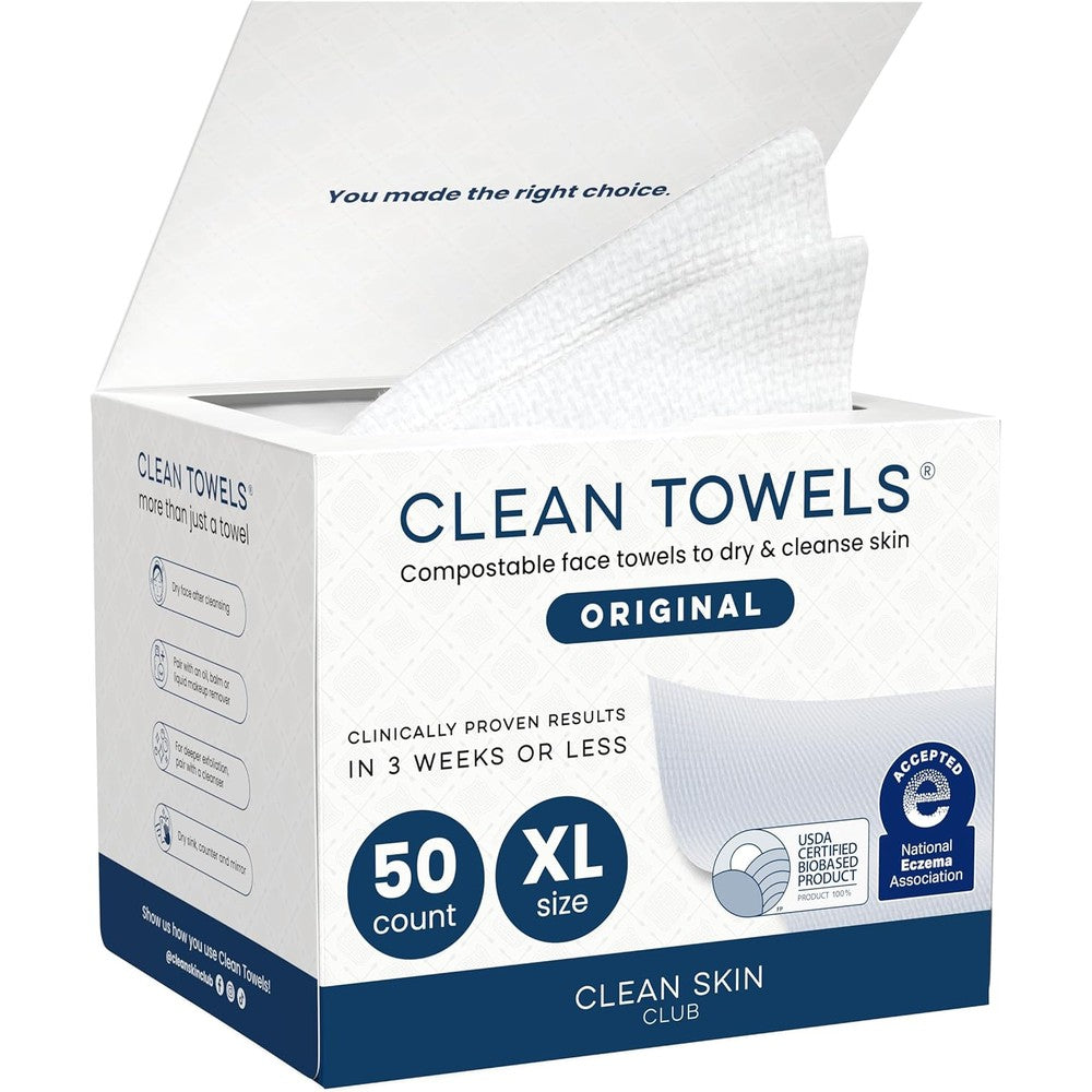 Clean Skin Club Clean Towels XL 50 count box for hygienic face drying