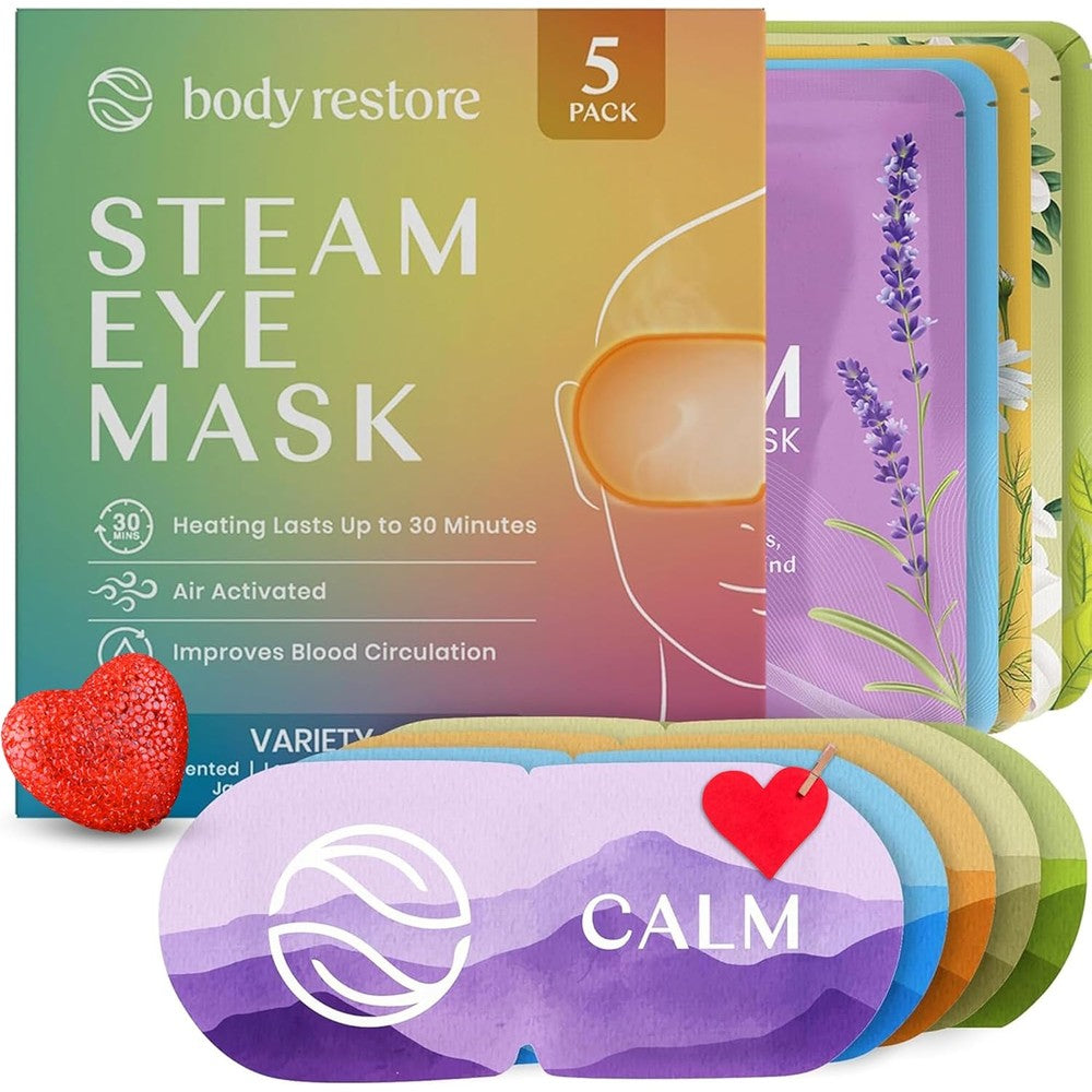 Body Restore Heated Eye Mask 5 Pack front view showing variety packaging for dry eyes.