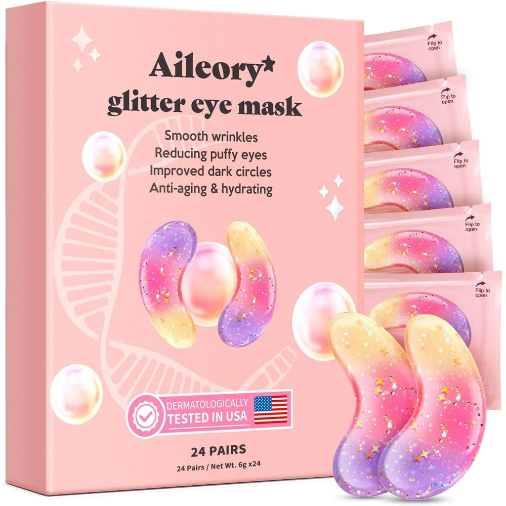 AILEORY Tri Color Glitter Under Eye Patches front packaging view showing 24 pairs box