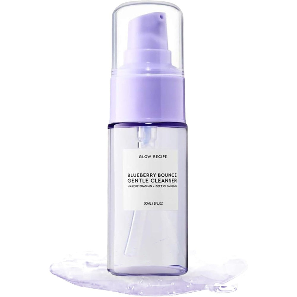 Glow Recipe Blueberry Bounce Exfoliating Face Wash front view of 30ml travel size bottle with purple pump cap