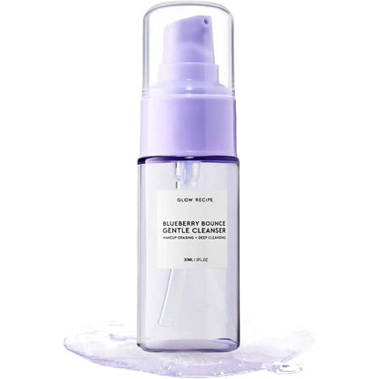Glow Recipe Blueberry Bounce Exfoliating Face Wash front view of 30ml travel size bottle with purple pump cap