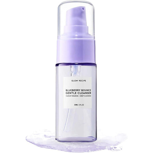 Glow Recipe Blueberry Bounce Exfoliating Face Wash front view of 30ml travel size bottle with purple pump cap