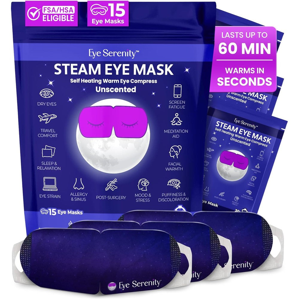 Lure Essentials Eye Serenity Steam Eye Mask front view package showing self heating warm compress benefit