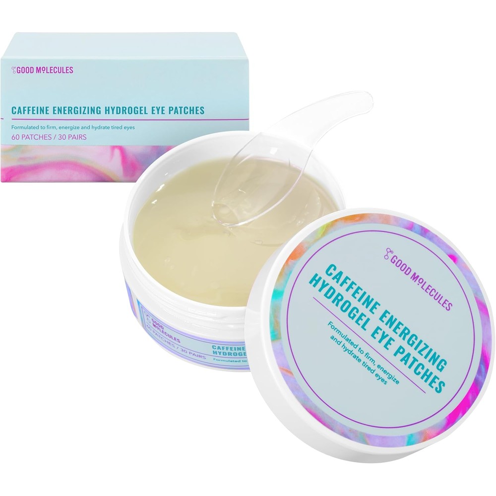 Good Molecules Caffeine Energizing Hydrogel Eye Patches in a white jar with 30 pairs