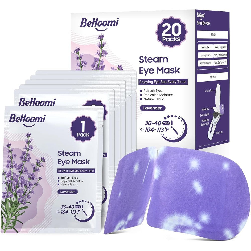 BeHoomi 20 pack steam eye mask front packaging view