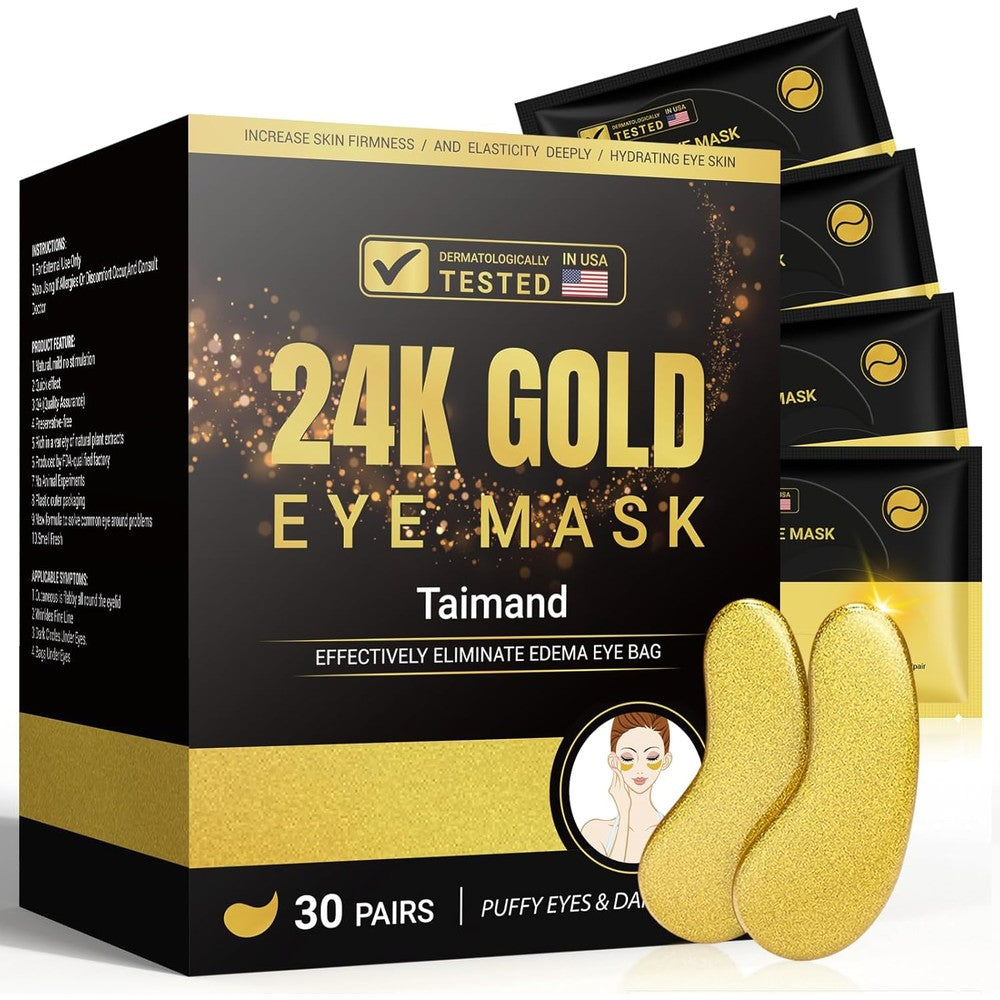 Taimand 24K Gold Under Eye Patches 30 Pairs packaging front view showing the golden container.