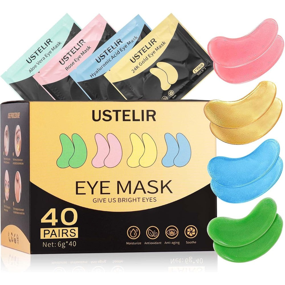 USTELIR Under Eye Patches forty pairs variety pack front view showing gold and rose packaging.