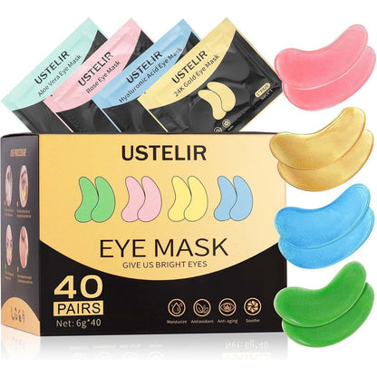 USTELIR Under Eye Patches forty pairs variety pack front view showing gold and rose packaging.