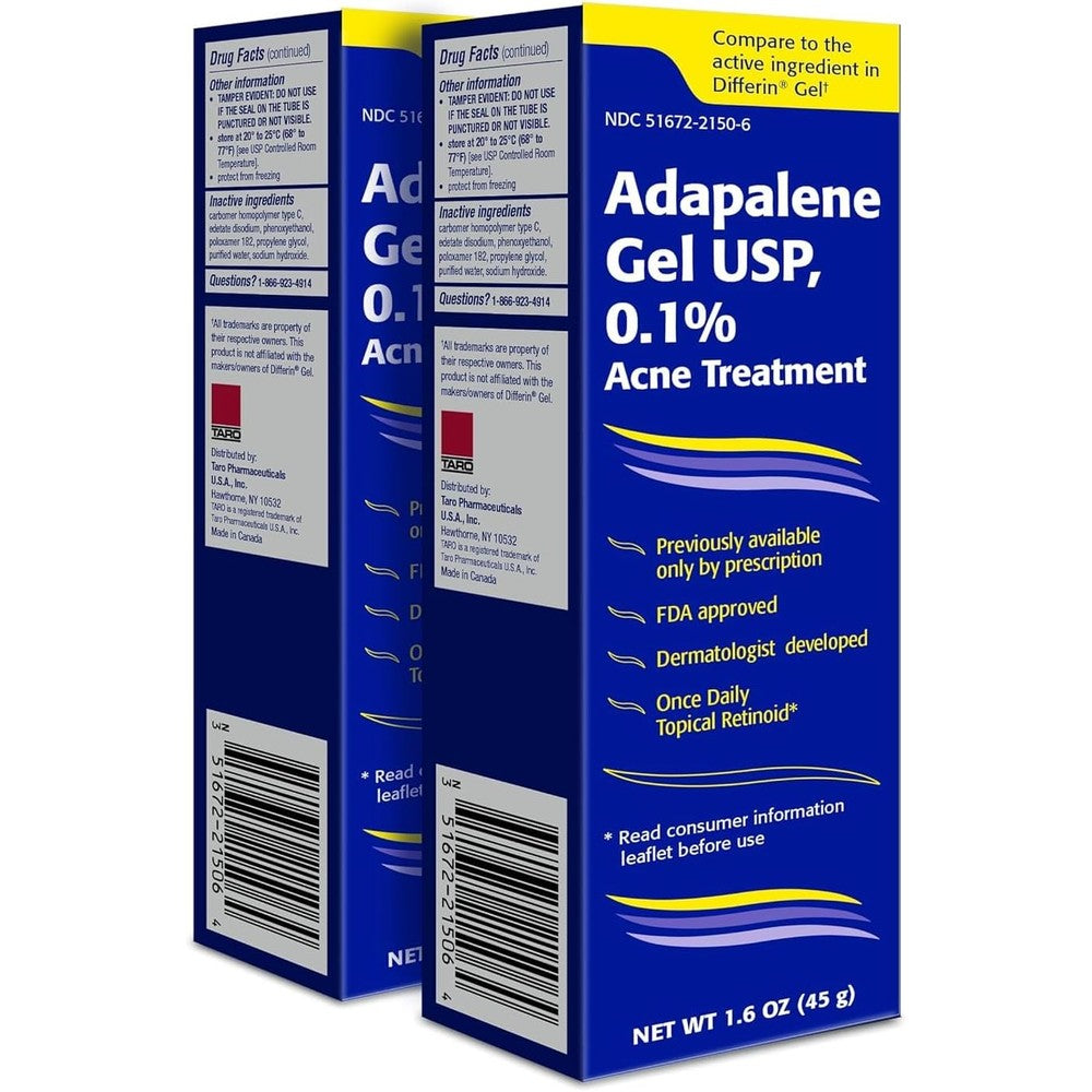 TARO Adapalene 0.1% USP Gel tube for acne prone skin treatment