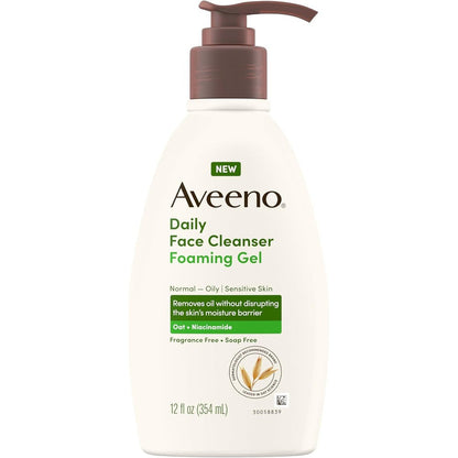 Aveeno Daily Foaming Gel Facial Cleanser front view bottle showing product branding