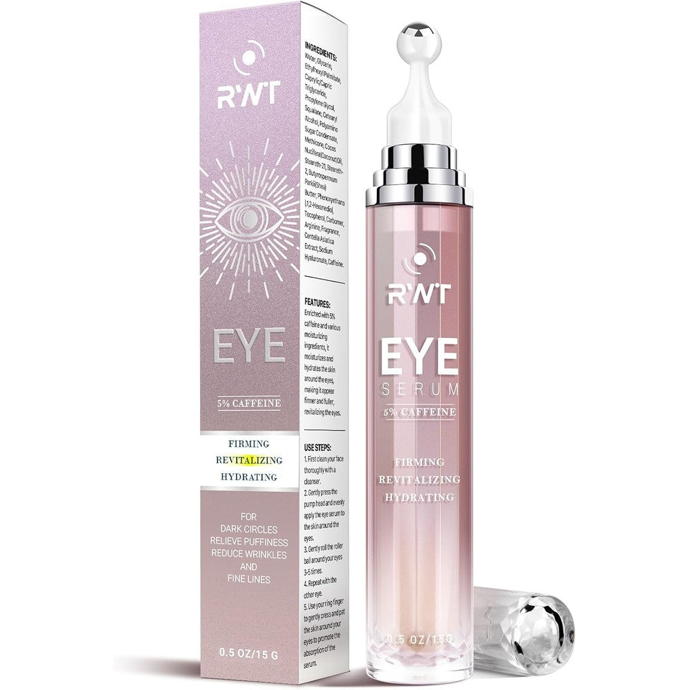 RWT 5% Caffeine Eye Serum front view with massage roller