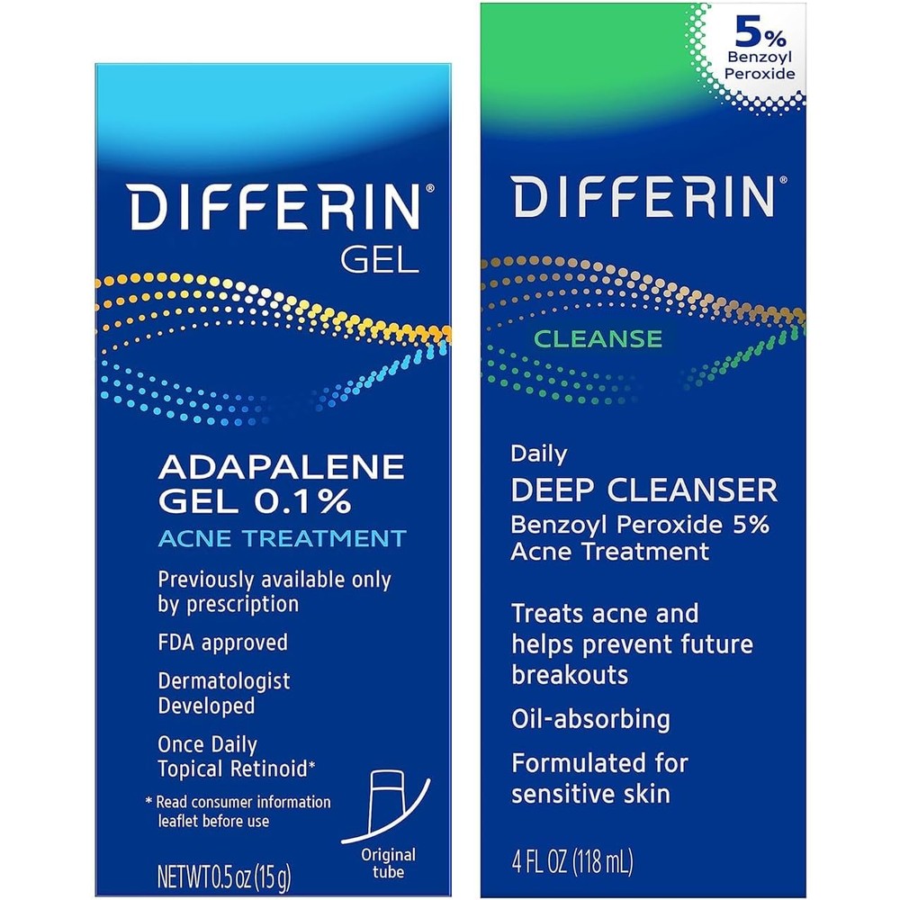 Differin Acne Skin Care Kit featuring Adapalene Gel and Benzoyl Peroxide Cleanser