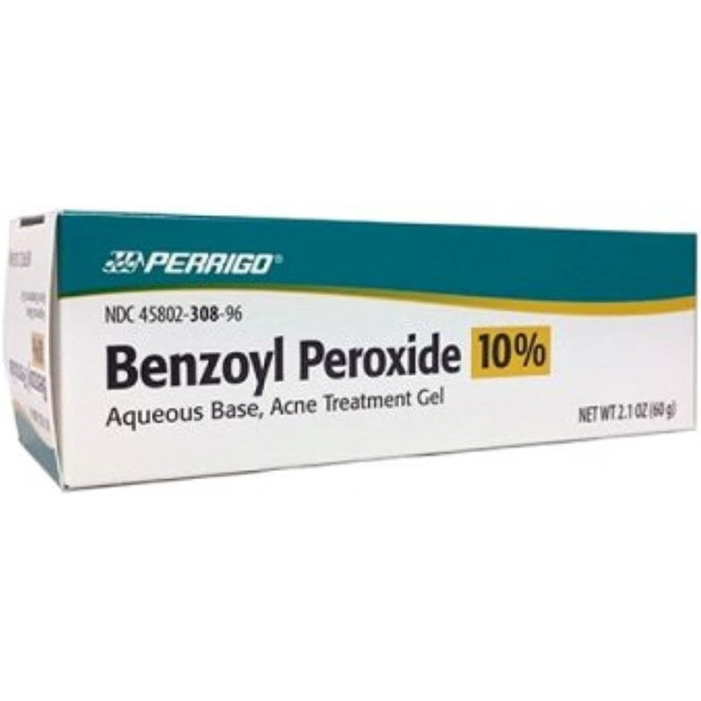 Perrigo 10 Percent Benzoyl Peroxide Acne Treatment Gel 2.1 ounce tube front view