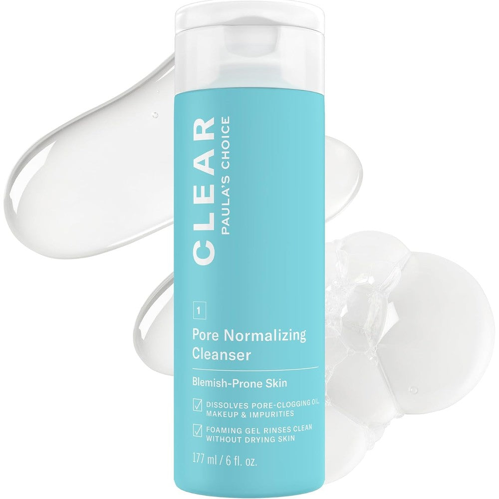 Paula's Choice CLEAR Pore Normalizing Facial Cleanser front view bottle showing acne daily face wash branding