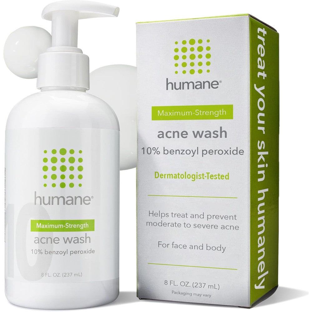 Humane 10 percent benzoyl peroxide acne body wash front view