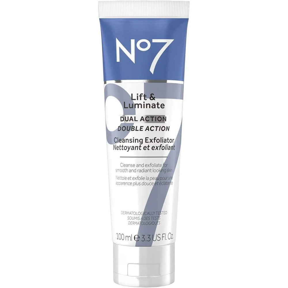 No7 Lift and Luminate Dual Action Cleansing Exfoliator tube front view