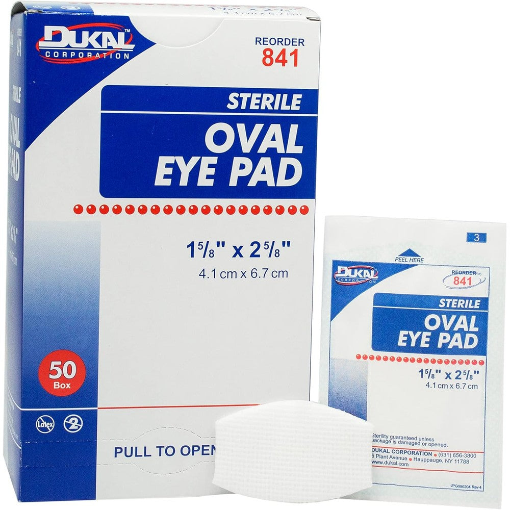 Dukal 841 Oval Eye Cotton Pads 50 Count box front view showcasing sterile medical dressing packaging.