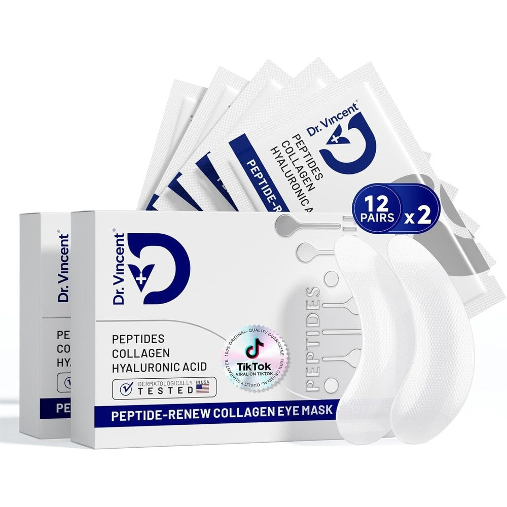 Dr Vincent Peptide Renew Collagen Under Eye Patches front view showing the 24 pairs packaging.
