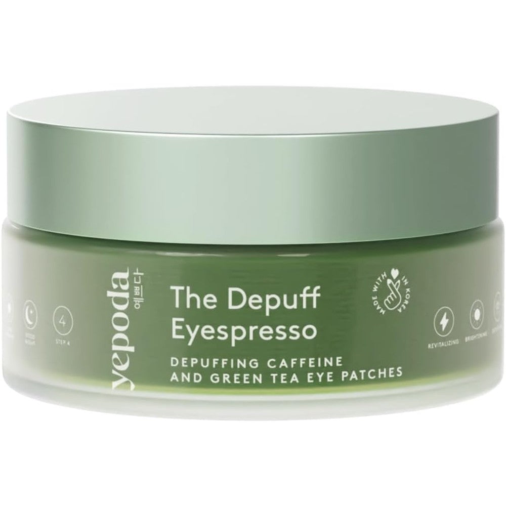 Yepoda The Depuff Eyespresso jar front view showing caffeine eye patches packaging.