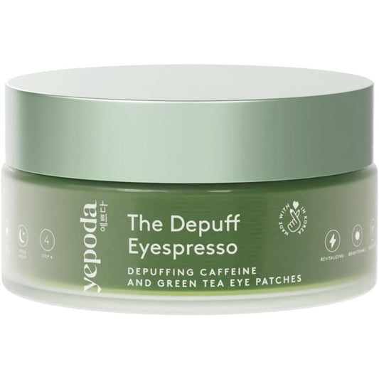 Yepoda The Depuff Eyespresso jar front view showing caffeine eye patches packaging.