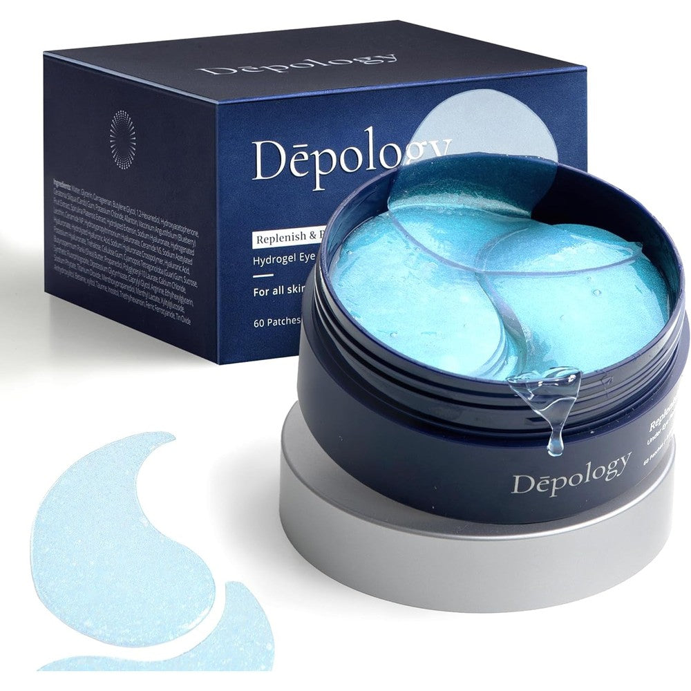Depology Replenish and Repair Under Eye Patches front view showing the product jar containing 60 hydrogel pads.