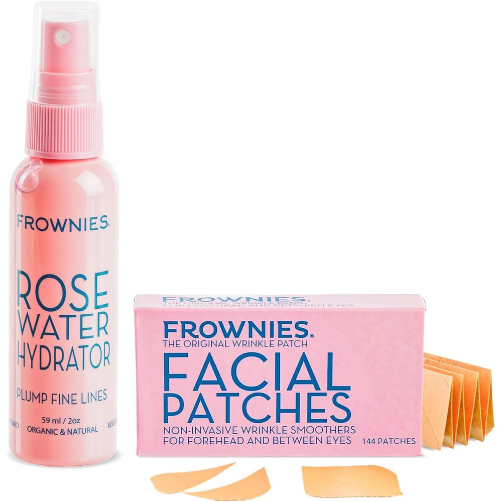 Frownies forehead wrinkle patches and rose water hydrator spray combo pack front view.