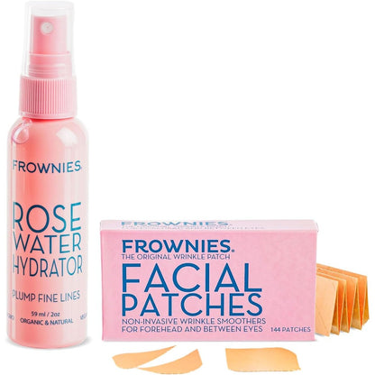 Frownies forehead wrinkle patches and rose water hydrator spray combo pack front view.