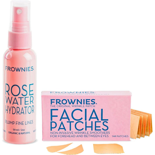 Frownies forehead wrinkle patches and rose water hydrator spray combo pack front view.