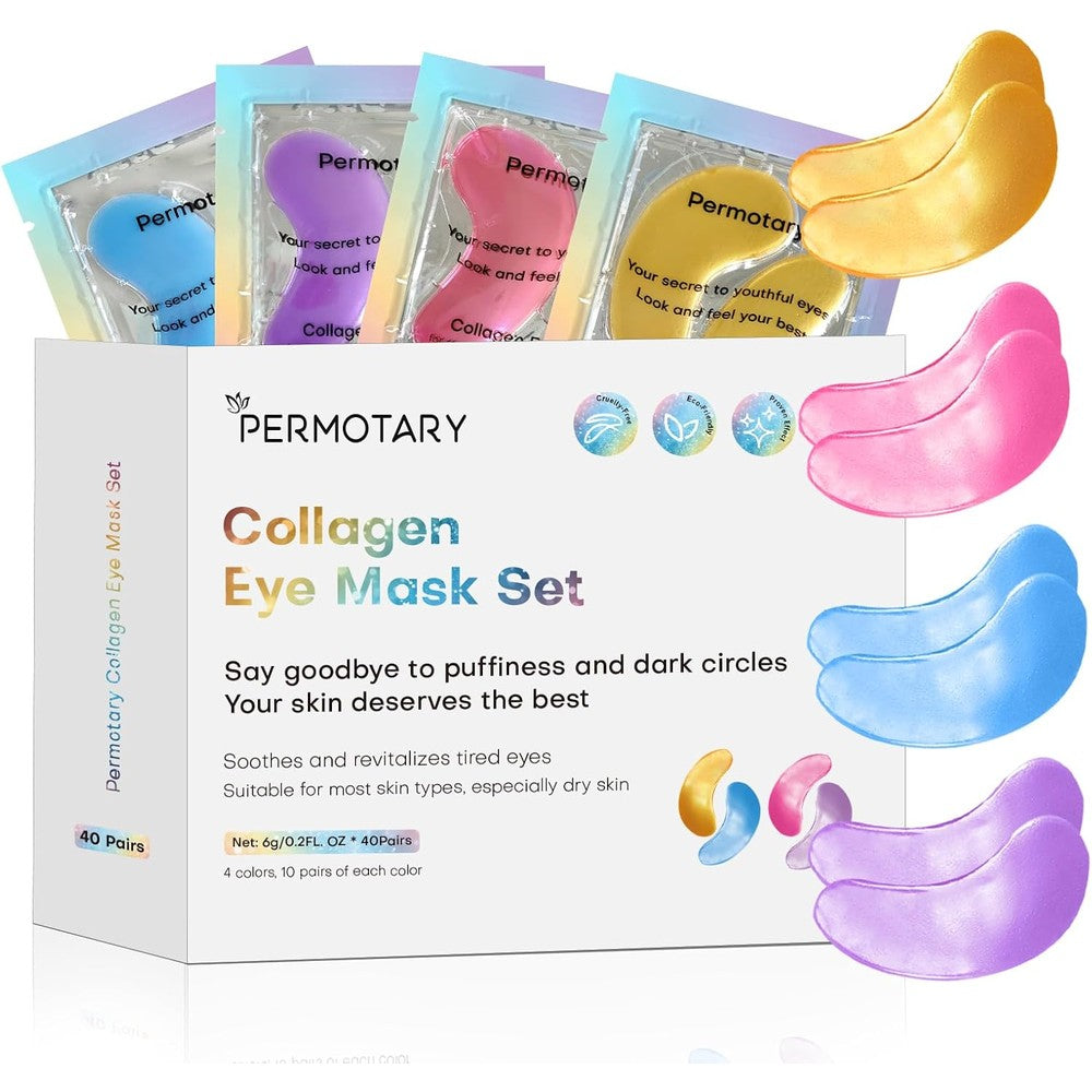 Permotary Collagen Crystal Eye Mask front view packaging box containing forty pairs of under-eye patches.