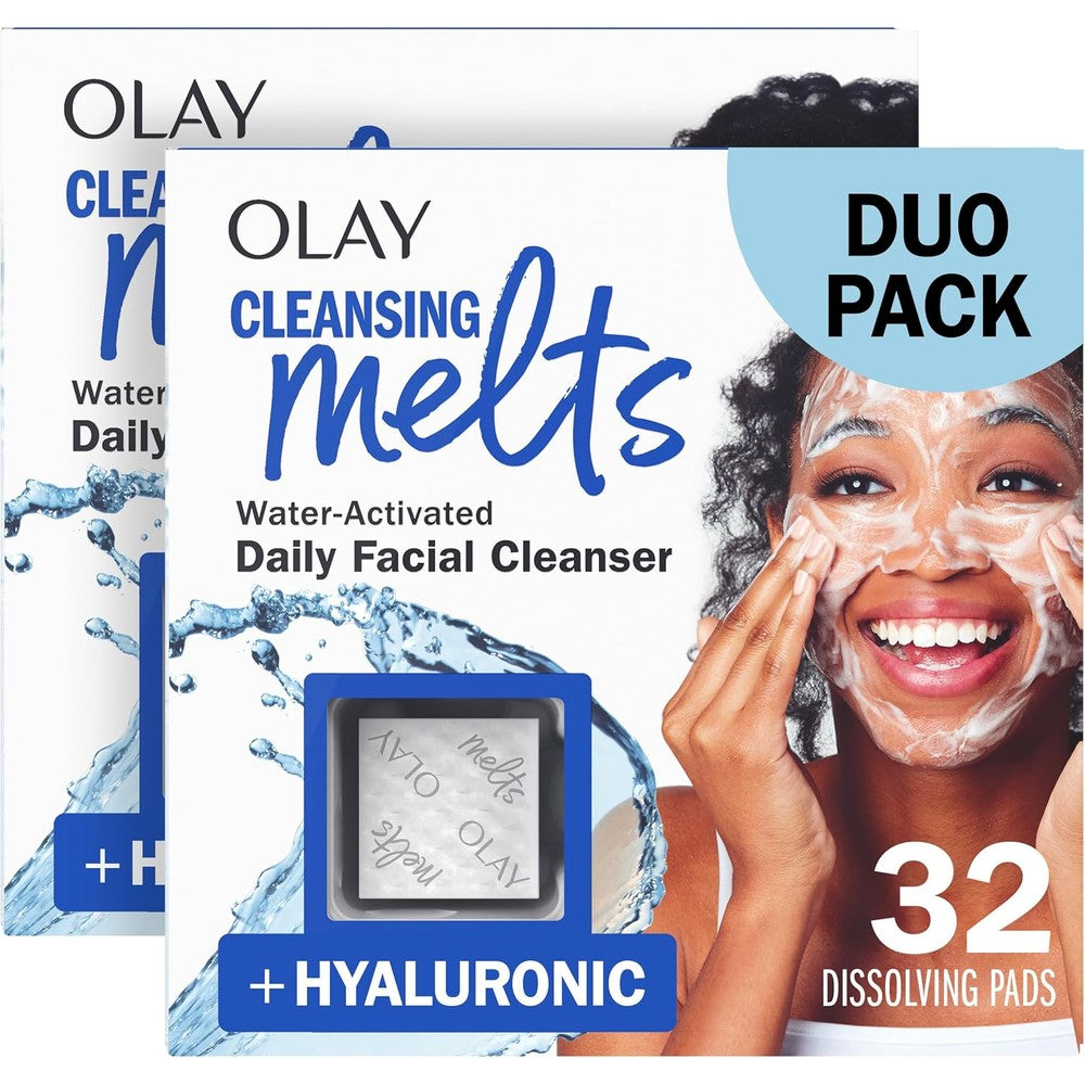 Olay Hyaluronic Acid Cleansing Melts front packaging view showing sixty four count face wash pads