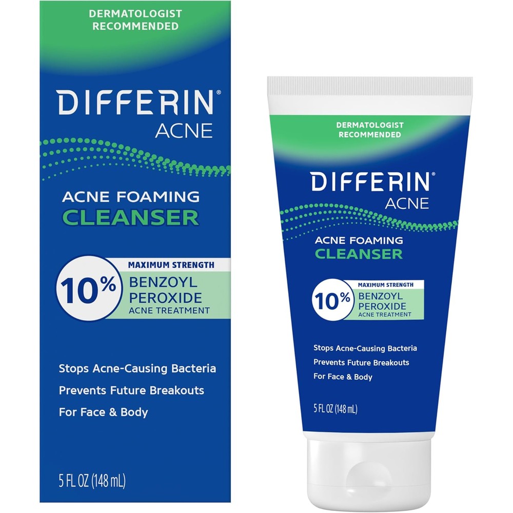 Differin Acne Face Wash 10% Benzoyl Peroxide front view of the 5 ounce maximum strength foaming cleanser tube
