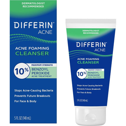 Differin Acne Face Wash 10% Benzoyl Peroxide front view of the 5 ounce maximum strength foaming cleanser tube