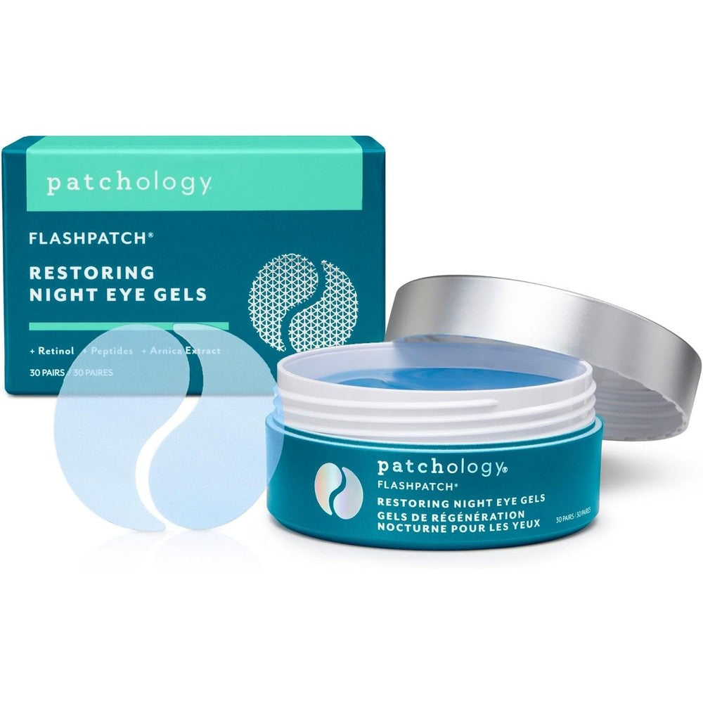 Patchology FlashPatch Restoring Night Eye Gel Patches front view packaging box on retail display