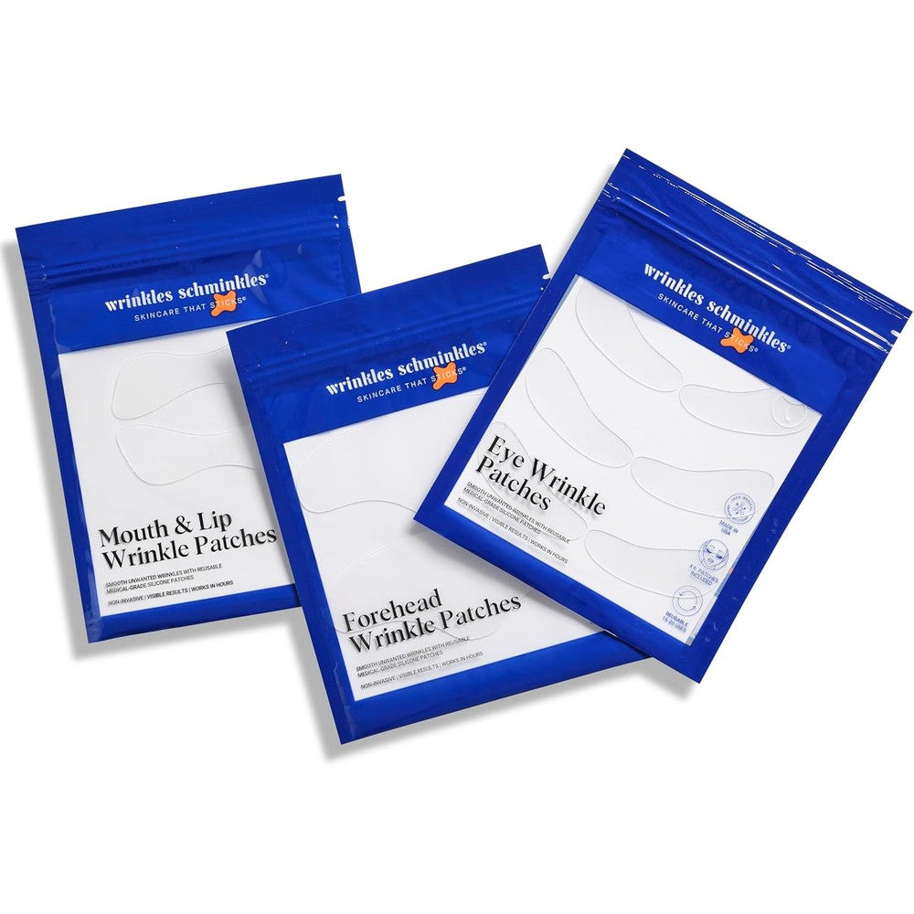 Wrinkles Schminkles Facial Smoothing Set front view showcasing medical grade silicone patches for eyes forehead and lips
