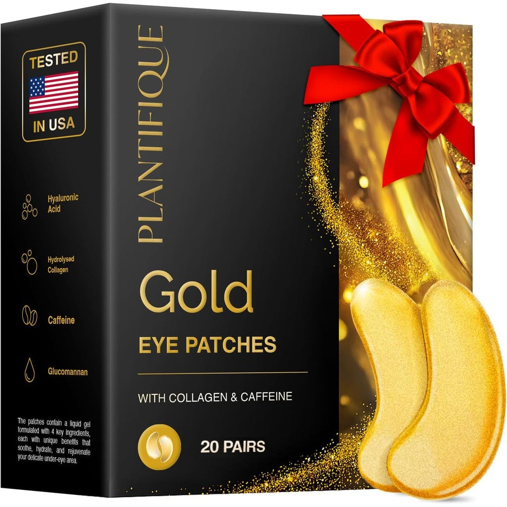 Plantifique 24K Gold Under Eye Patches 20 Pairs front packaging view showing hydrating hydrogel eye masks