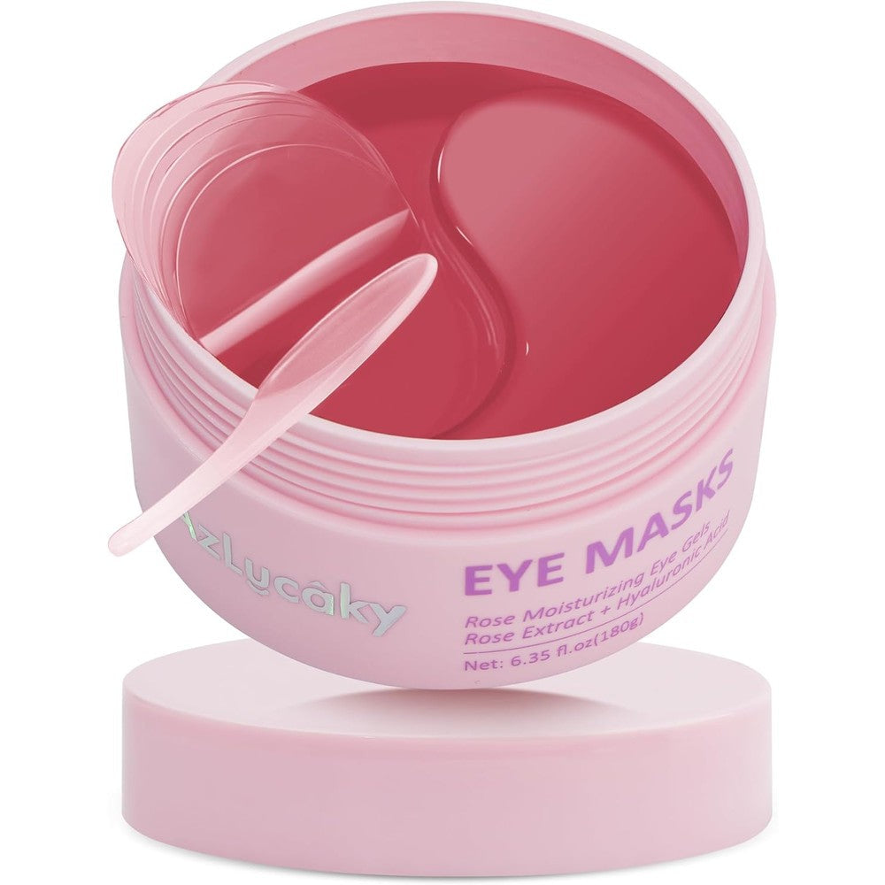 AzLucaky Rose Hydrogel Under Eye Patches front view of packaging box and jar containing forty pairs.