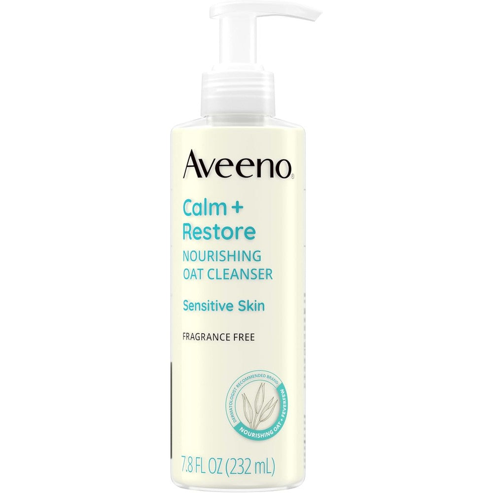 Aveeno Calm and Restore Nourishing Oat Cleanser 7.8 fluid ounces front view bottle showing product details