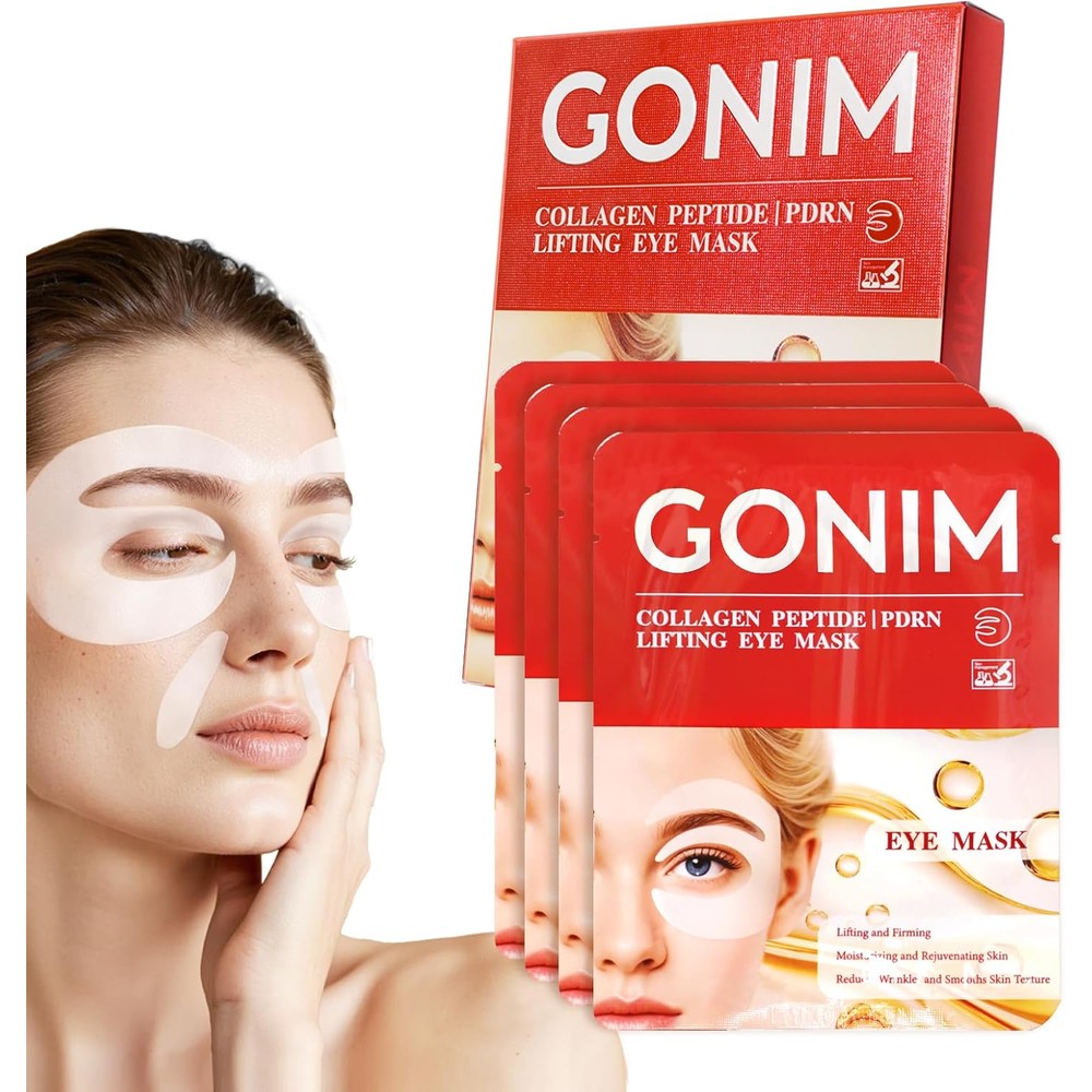 GONIM Under Eye Patches front packaging view of the red collagen peptide lifting eye mask box.